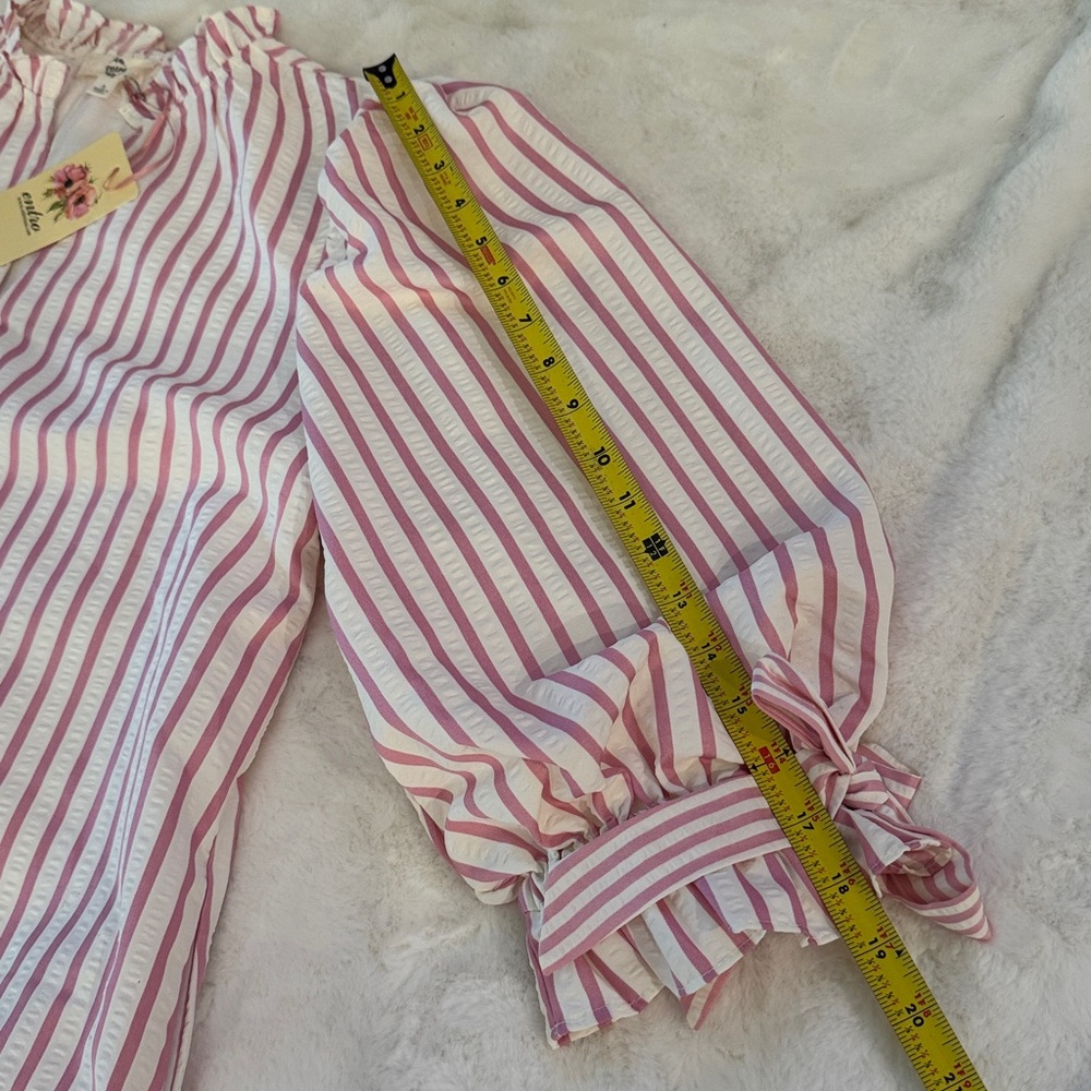 Entro White & Pink Stripe SearSucker Mini Dress, Exaggerated Balloon Sleeves - Picture 15 of 16
